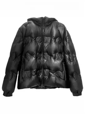 1AAUZH Monogram Logo Leather Hooded Down Jacket Black Men s TSH 270970