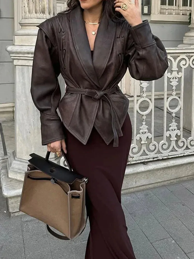 2024 New Vintage Lapel Lace-up Leather Jackets Women Chic Solid Long Sleeves Pockets Short Coats Autumn Lady Fashion Streetwear