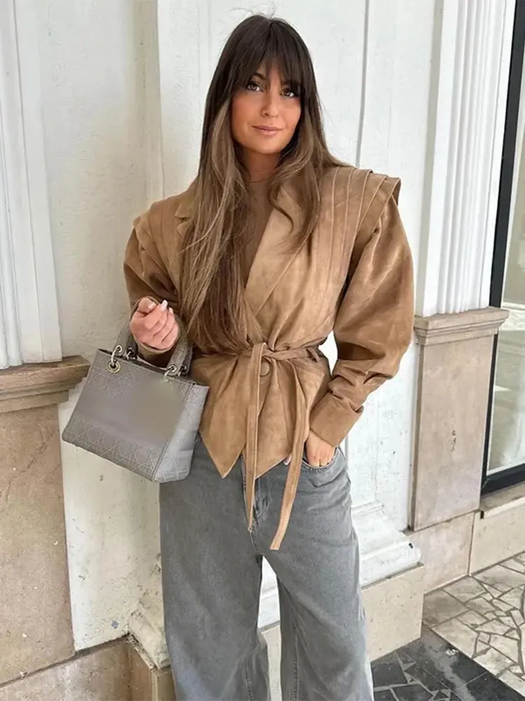 2024 New Vintage Lapel Lace-up Leather Jackets Women Chic Solid Long Sleeves Pockets Short Coats Autumn Lady Fashion Streetwear