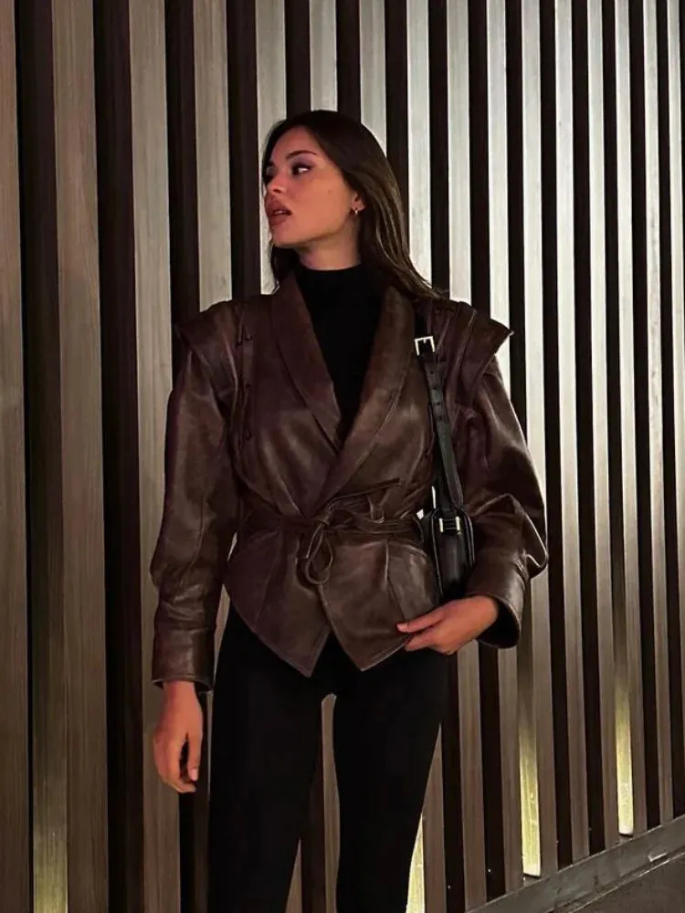 2024 New Vintage Lapel Lace-up Leather Jackets Women Chic Solid Long Sleeves Pockets Short Coats Autumn Lady Fashion Streetwear