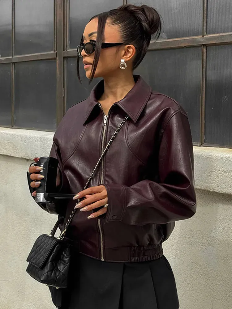 2024 New Vintage Lapel Lace-up Leather Jackets Women Chic Solid Long Sleeves Pockets Short Coats Autumn Lady Fashion Streetwear