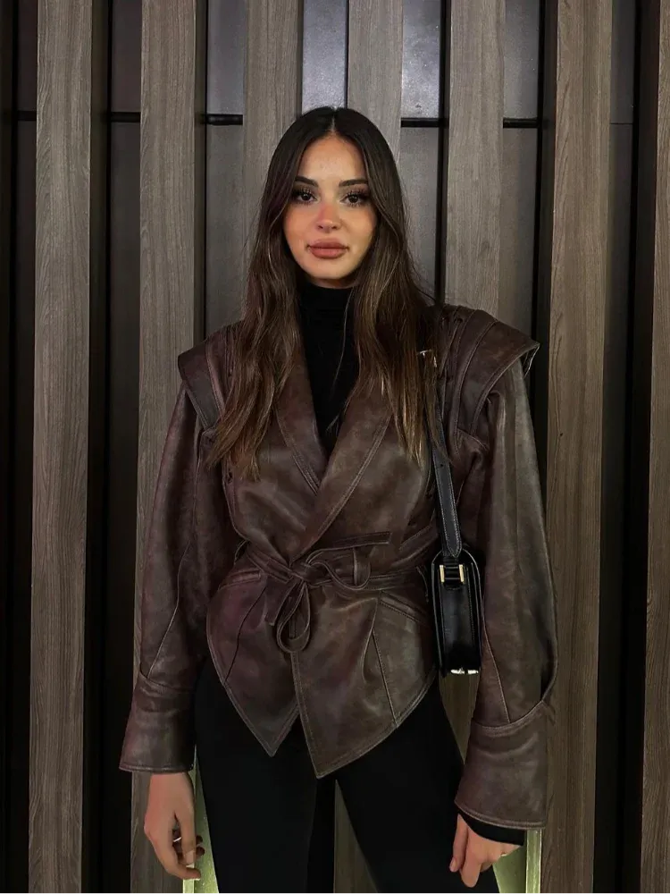 2024 New Vintage Lapel Lace-up Leather Jackets Women Chic Solid Long Sleeves Pockets Short Coats Autumn Lady Fashion Streetwear