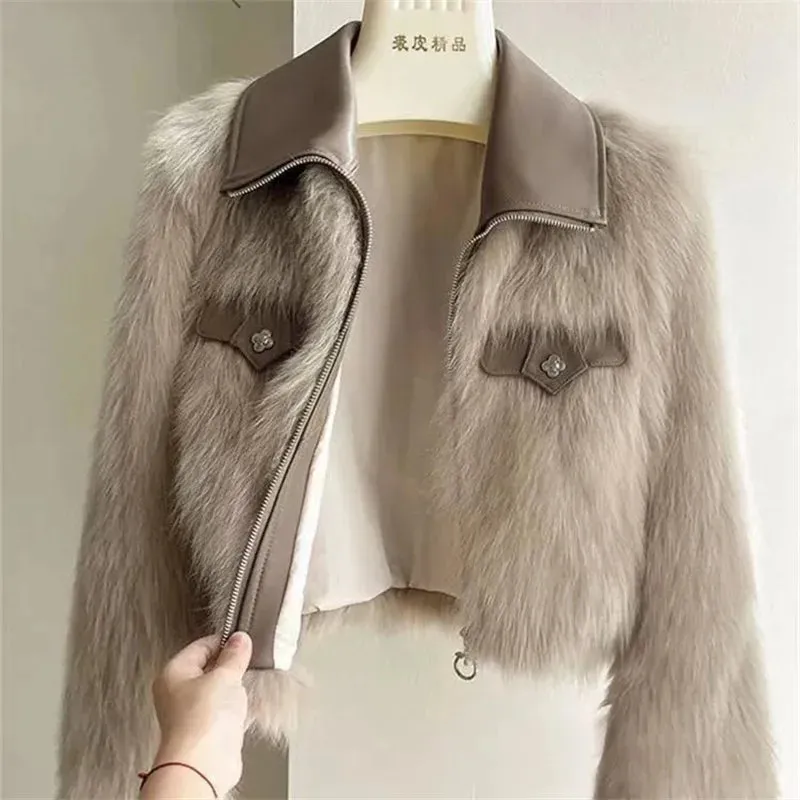 AnjelNew Short Leather Collar Design Faux Fox Fur Coat Outwear