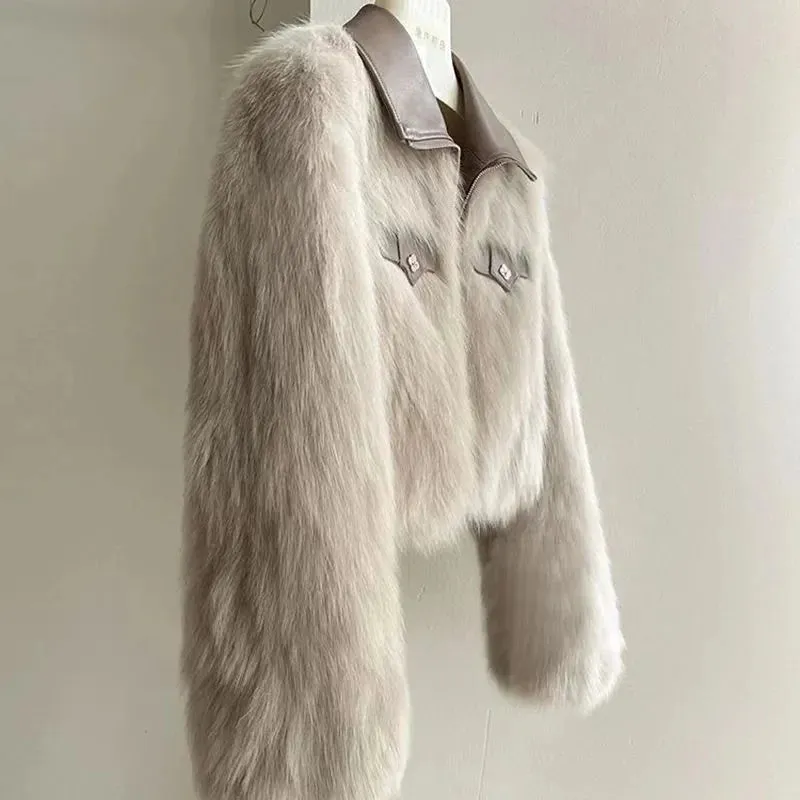 AnjelNew Short Leather Collar Design Faux Fox Fur Coat Outwear