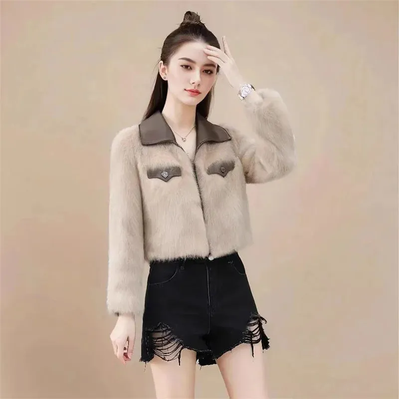 AnjelNew Short Leather Collar Design Faux Fox Fur Coat Outwear