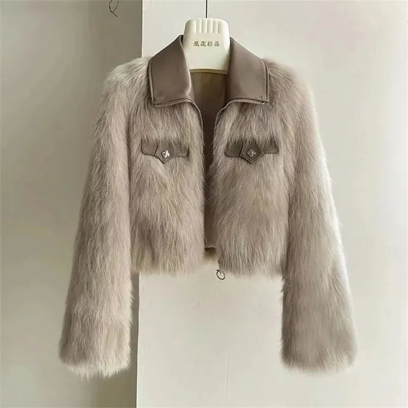 AnjelNew Short Leather Collar Design Faux Fox Fur Coat Outwear