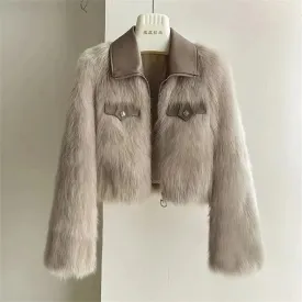 AnjelNew Short Leather Collar Design Faux Fox Fur Coat Outwear