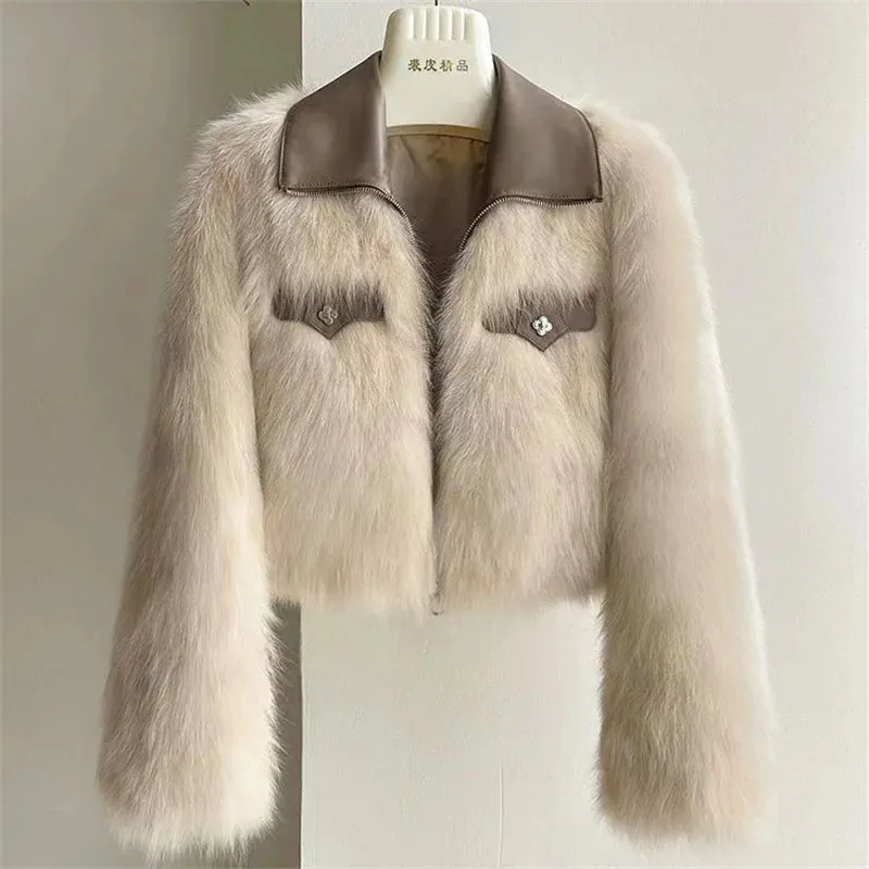 AnjelNew Short Leather Collar Design Faux Fox Fur Coat Outwear