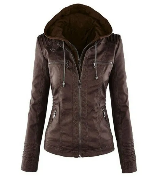 Autumn Winter Removable Hooded Faux Leather