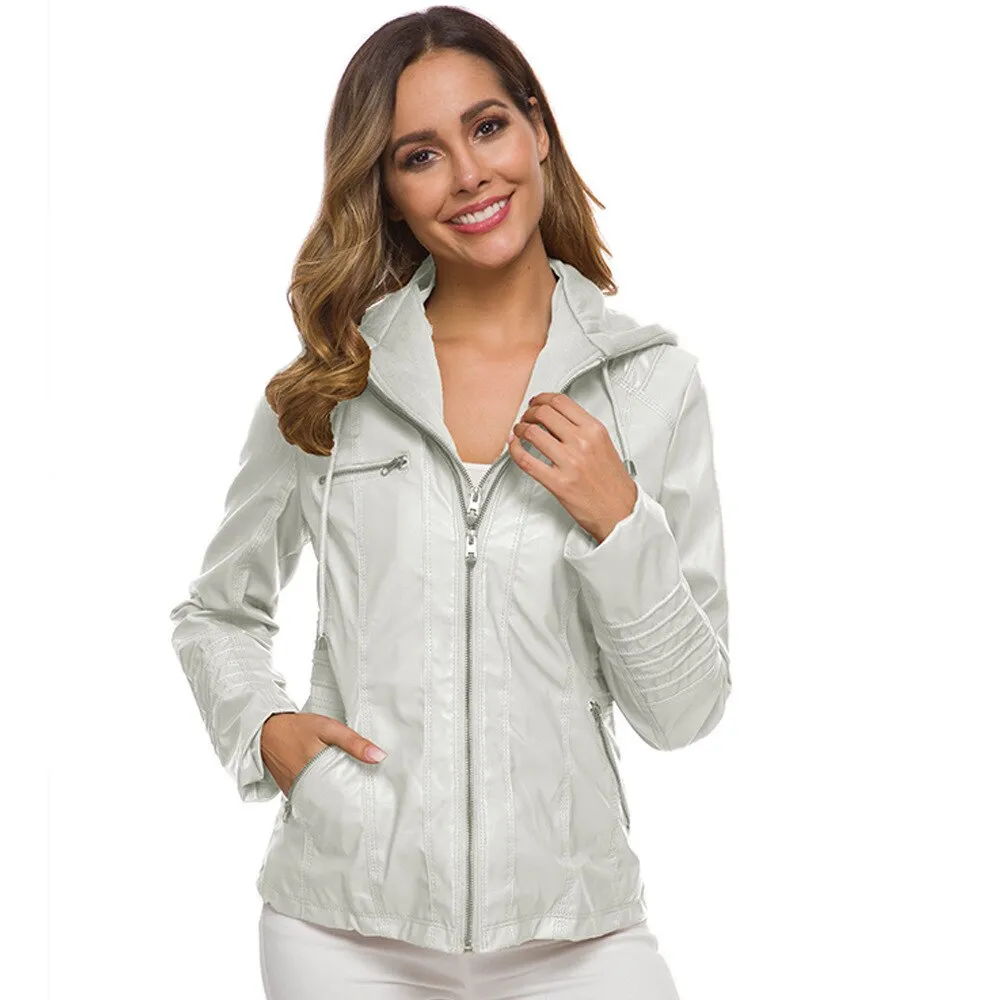 Autumn Winter Removable Hooded Faux Leather