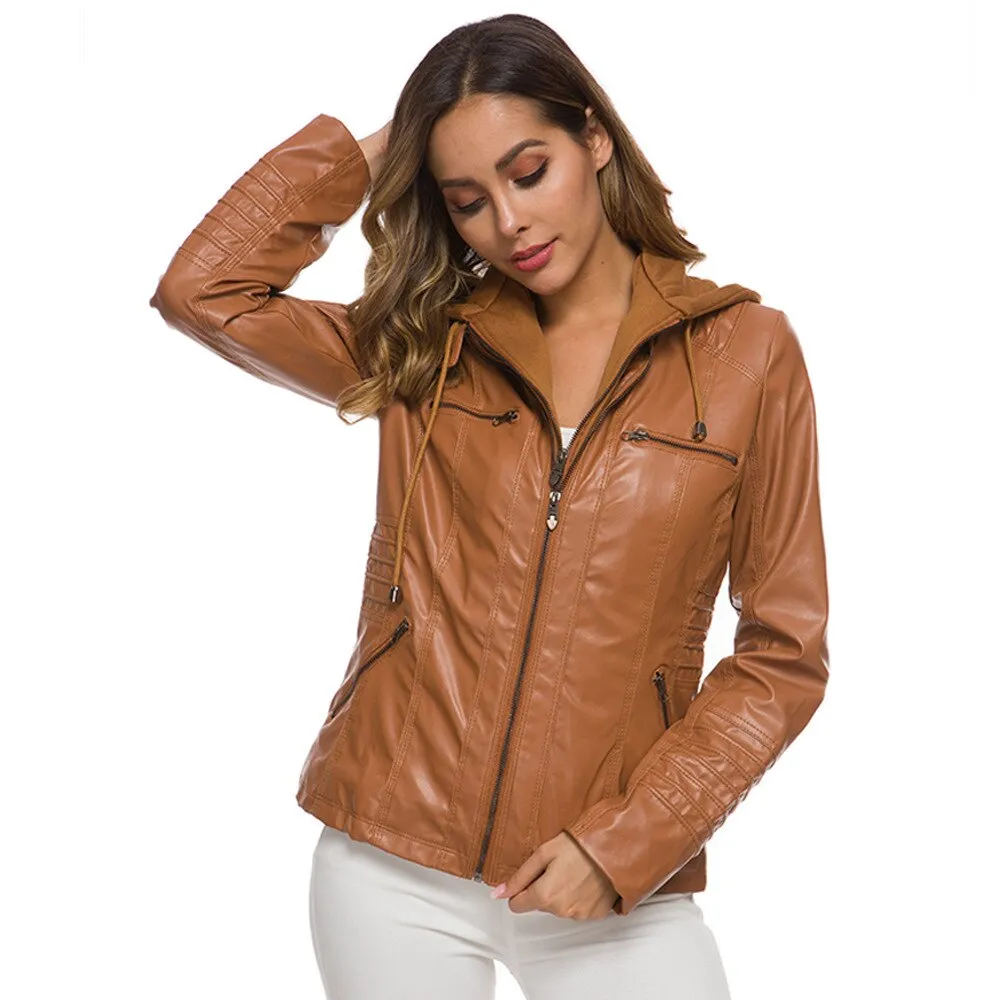 Autumn Winter Removable Hooded Faux Leather
