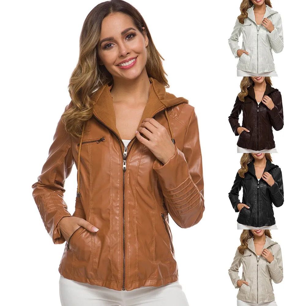 Autumn Winter Removable Hooded Faux Leather