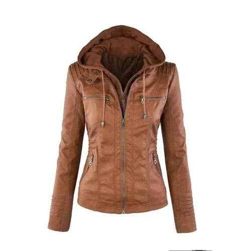 Autumn Winter Removable Hooded Faux Leather
