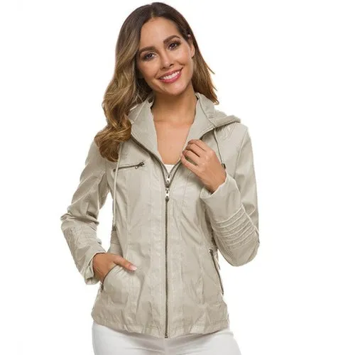 Autumn Winter Removable Hooded Faux Leather