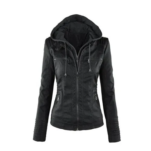 Autumn Winter Removable Hooded Faux Leather