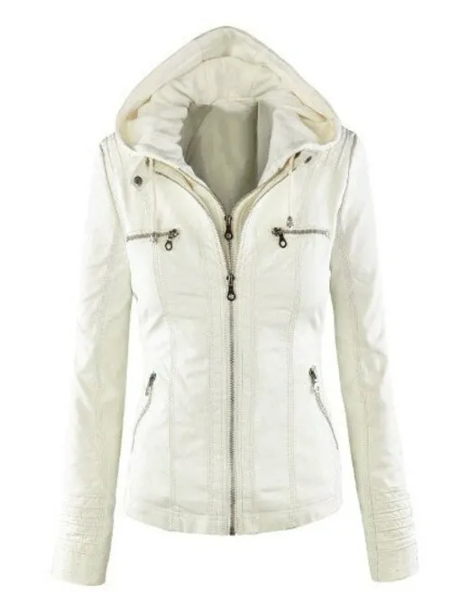 Autumn Winter Removable Hooded Faux Leather