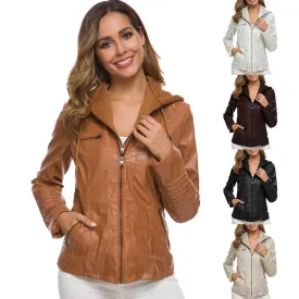 Autumn Winter Removable Hooded Faux Leather
