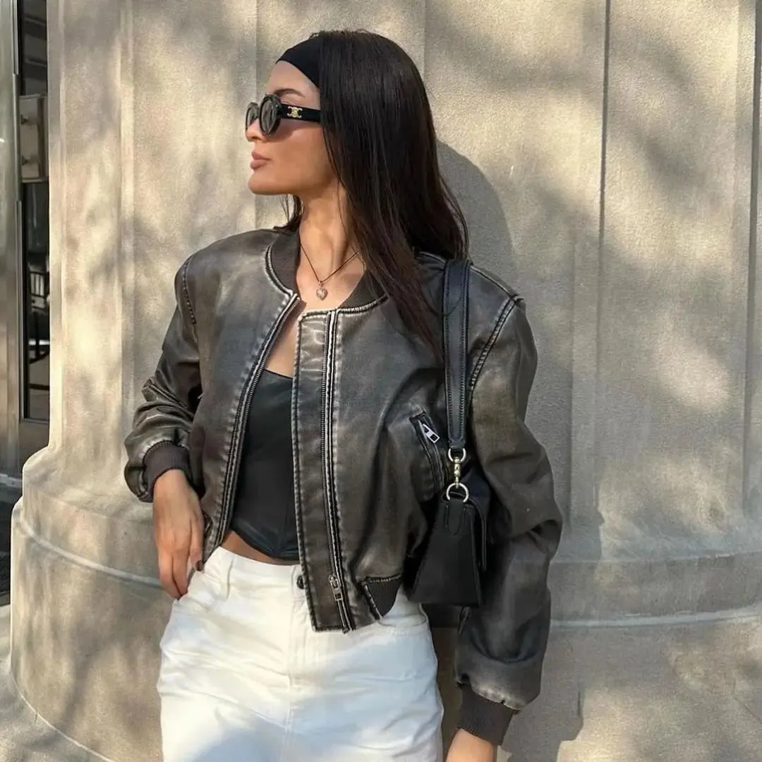Back To School Joskaa Women Washed Leather Loose Jacket Vintage Stand Collar Gradient Zipper Short Coat Spring Lady Locomotive Style Chic Coat