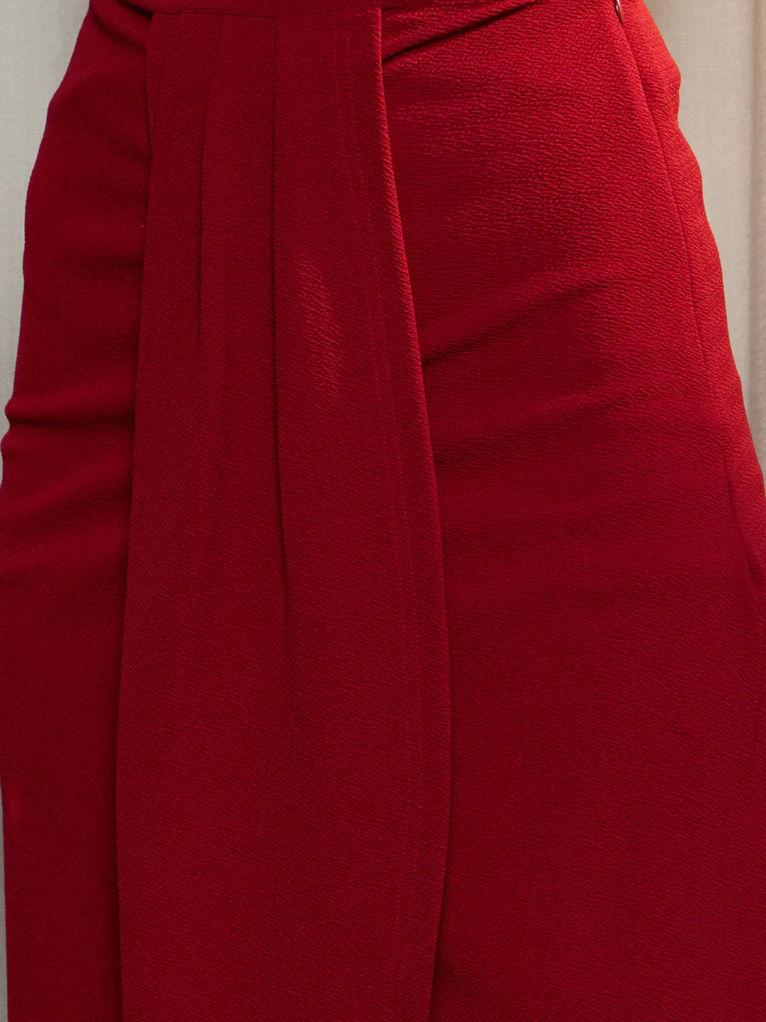 Berrylush Women Solid Red High-Rise Waist Slip-On Tulip Hem Front Thigh-High Slit Pleated Midi Skirt