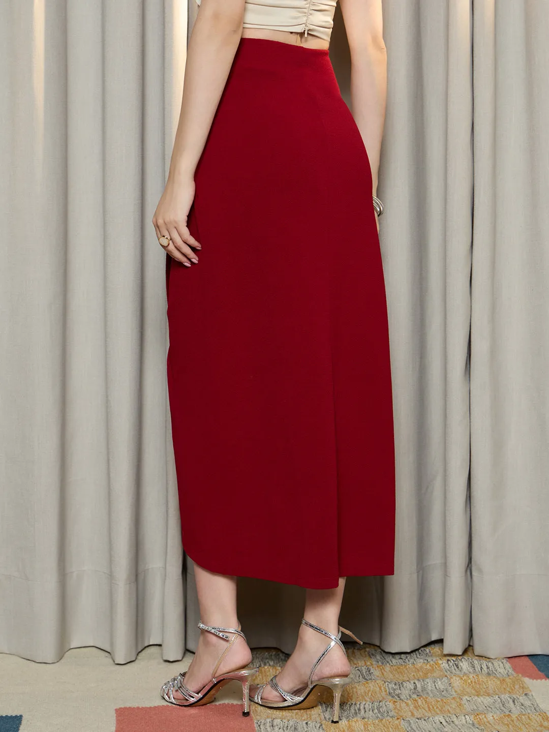 Berrylush Women Solid Red High-Rise Waist Slip-On Tulip Hem Front Thigh-High Slit Pleated Midi Skirt