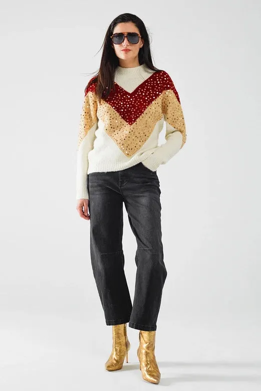 Burgundy and Beige Color Block Knit Sweater with Sequin Embellishment