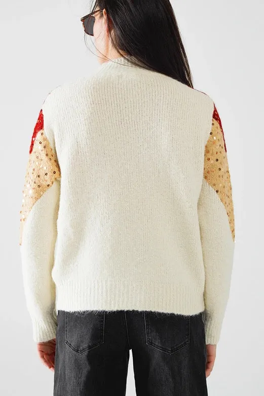 Burgundy and Beige Color Block Knit Sweater with Sequin Embellishment