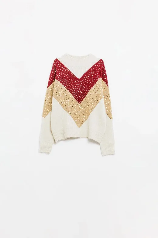 Burgundy and Beige Color Block Knit Sweater with Sequin Embellishment