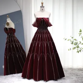 Burgundy Velvet Ball Gown Strapless Evening Dress SS274