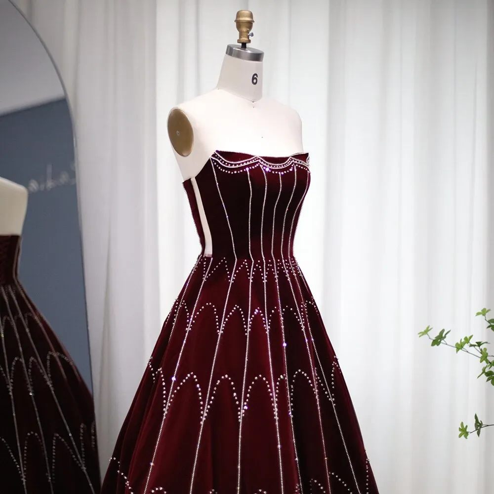 Burgundy Velvet Ball Gown Strapless Evening Dress SS274
