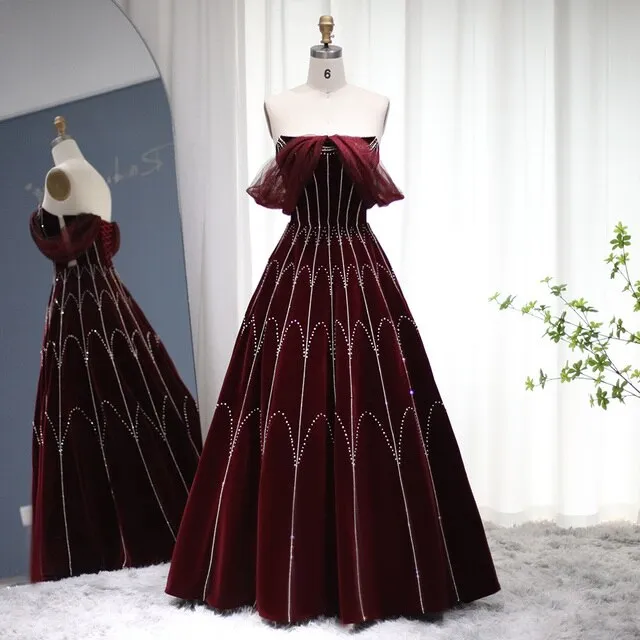 Burgundy Velvet Ball Gown Strapless Evening Dress SS274