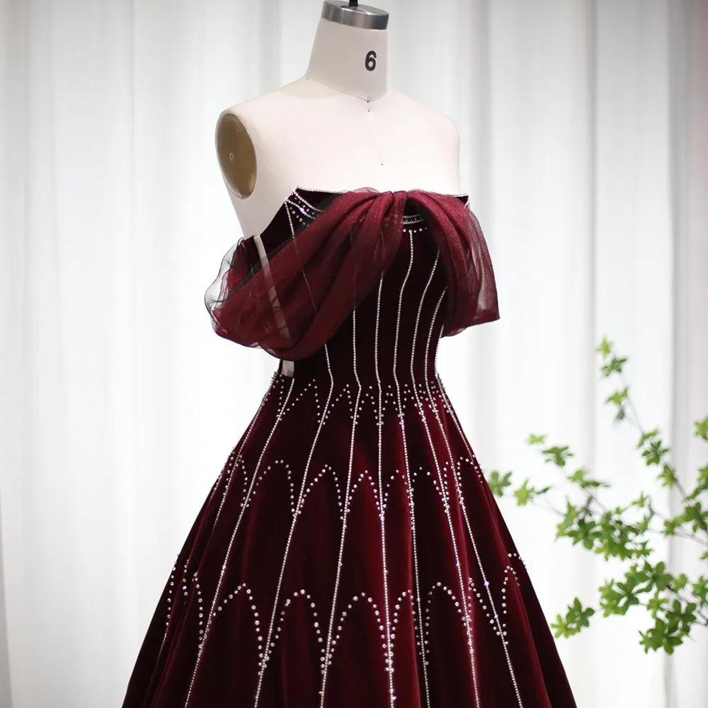 Burgundy Velvet Ball Gown Strapless Evening Dress SS274