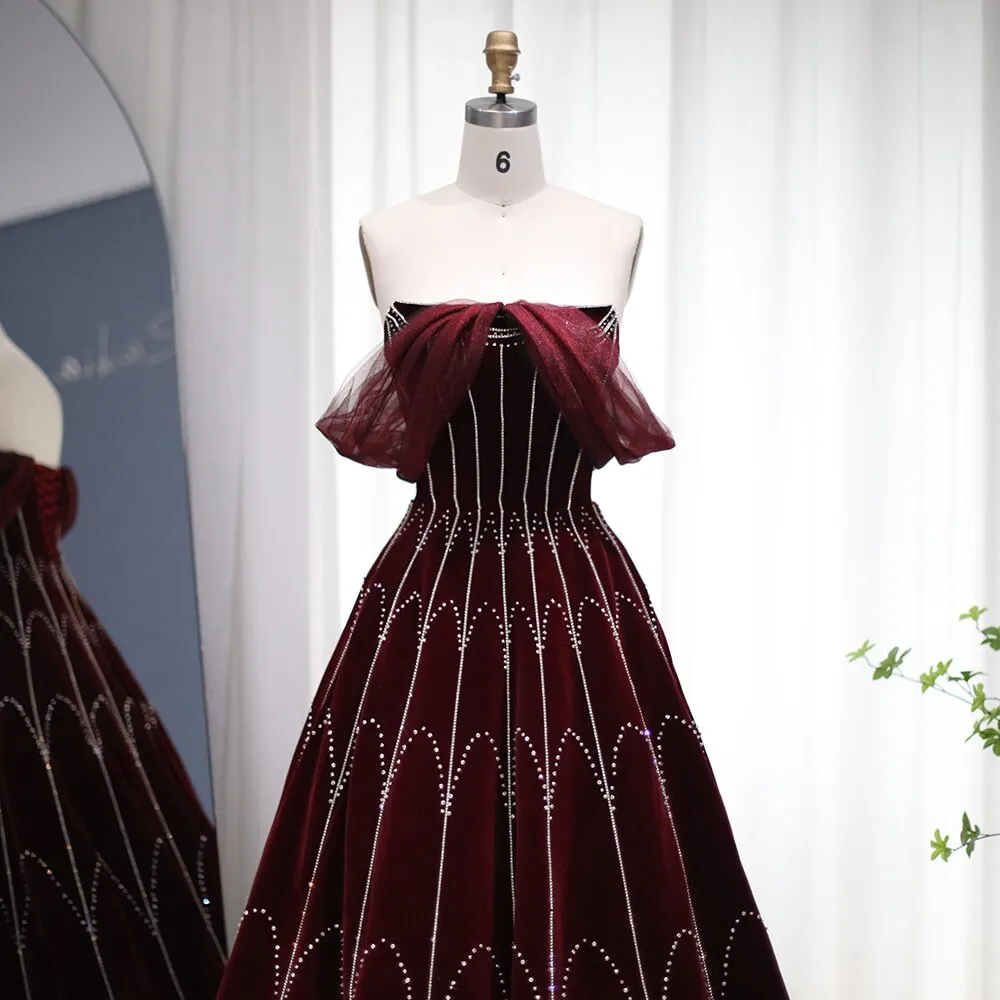 Burgundy Velvet Ball Gown Strapless Evening Dress SS274