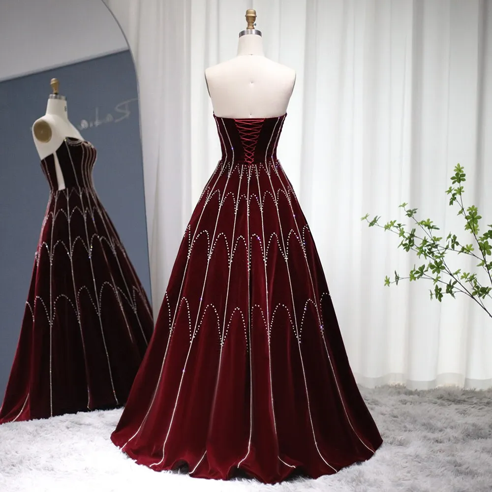 Burgundy Velvet Ball Gown Strapless Evening Dress SS274