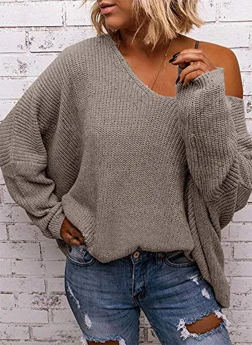BZB Women's V Neck Long Sleeve Knit Loose Oversized Pullover Sweater Top