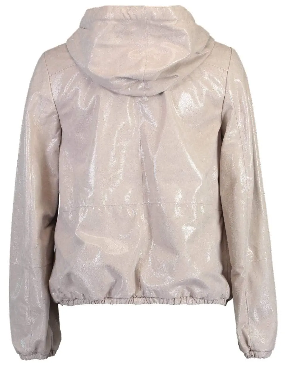 Crackled Leather Hooded Bomber Jacket