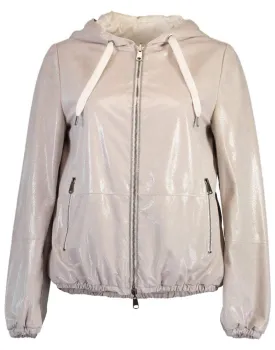 Crackled Leather Hooded Bomber Jacket