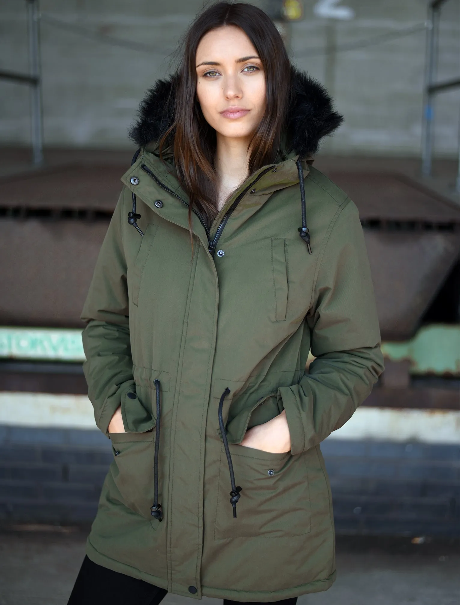 Dinah Fur Trim Hooded Parka Jacket in Khaki - Tokyo Laundry