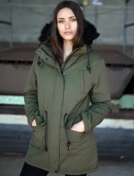 Dinah Fur Trim Hooded Parka Jacket in Khaki - Tokyo Laundry