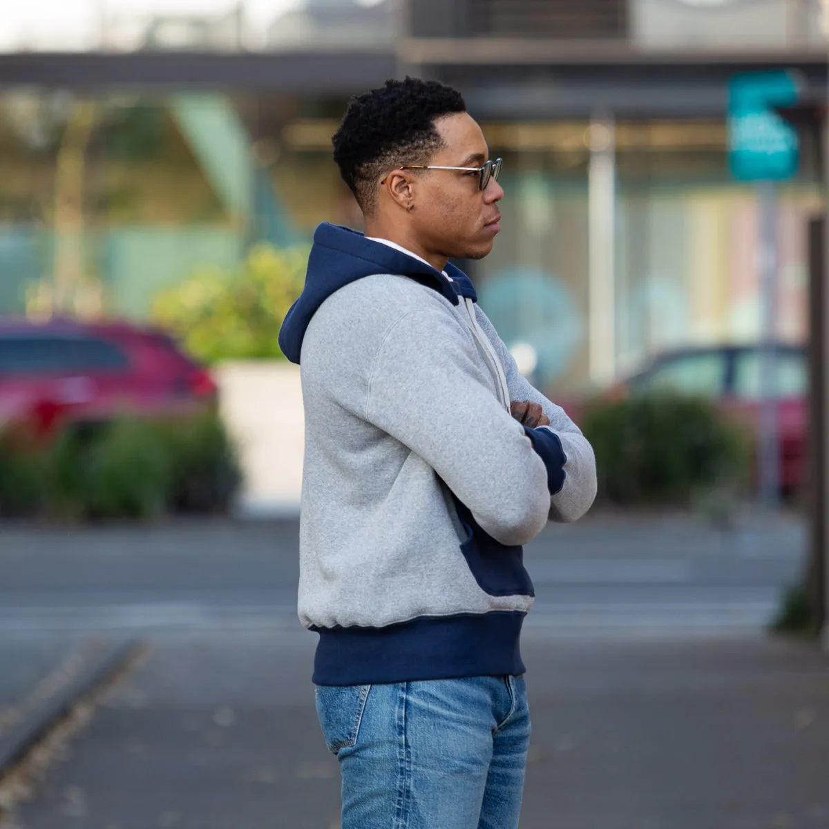 Double Face After-Hooded Sweatshirt - Gray/Navy