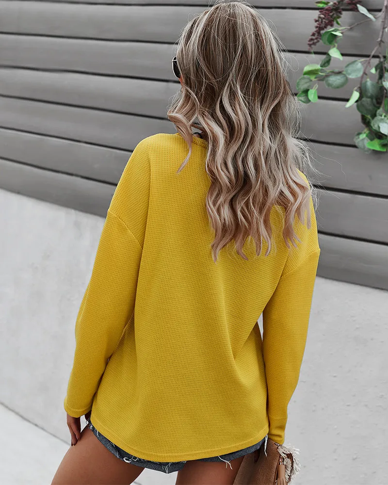 Faux Button Placket Sweater