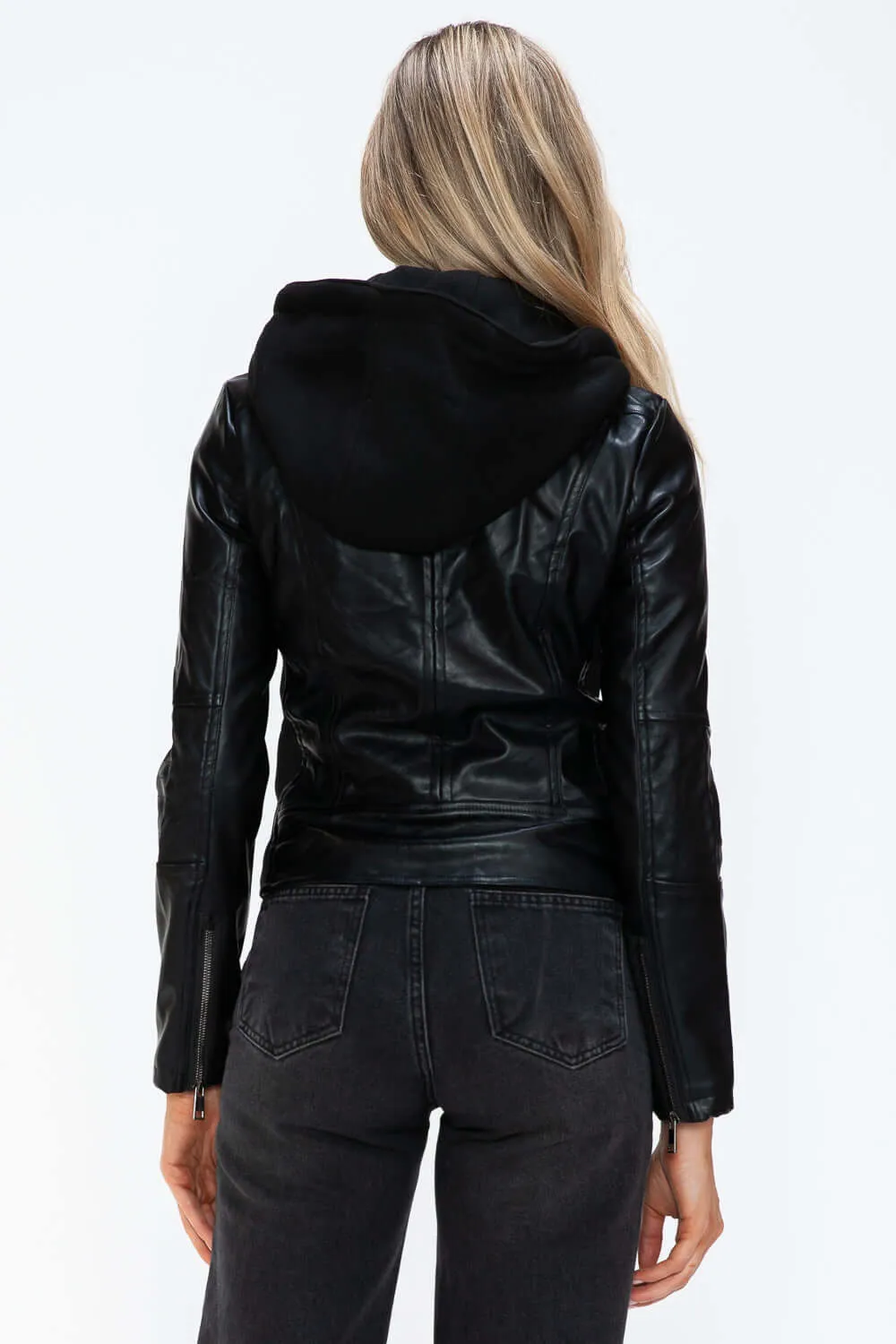 Faux Leather Zip Up Hooded Jacket