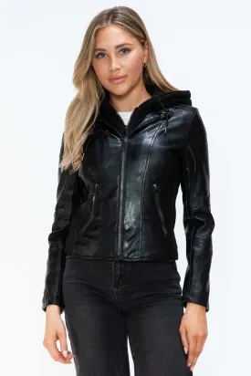 Faux Leather Zip Up Hooded Jacket