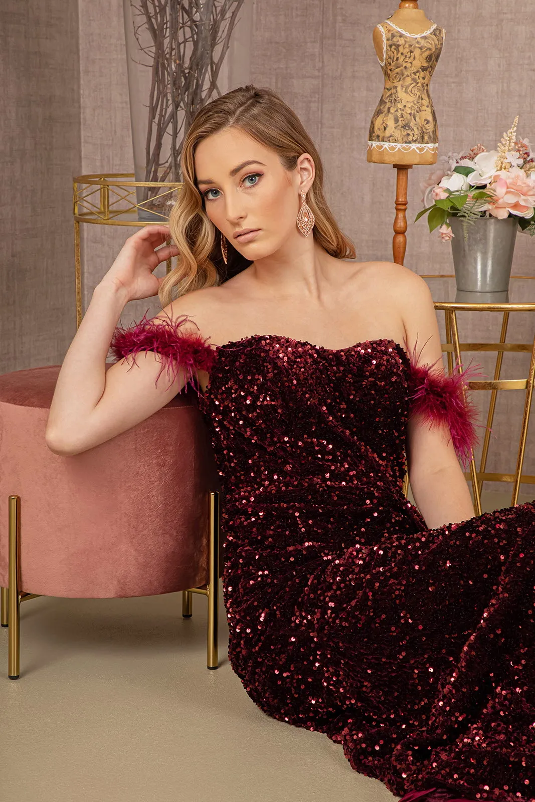Feather Sequin Velvet Mermaid w/ Velvet Side Waist Layer Long Prom Dress GLGL3163