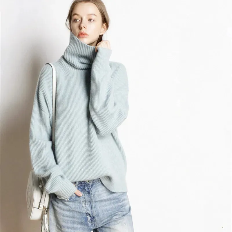 Flytonn-DY Wool Women's Sweater Autumn Winter Warm Turtlenecks Casual Loose Oversized Lady Sweaters Knitted Pullover Top Pull Femme