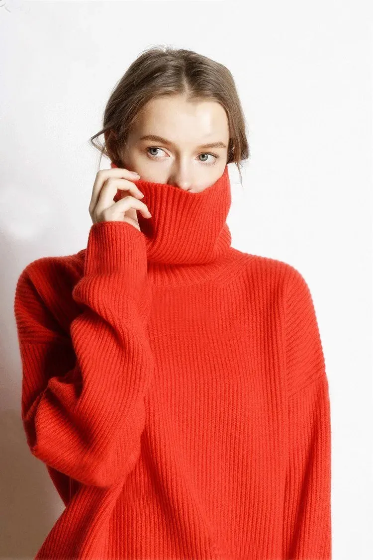 Flytonn-DY Wool Women's Sweater Autumn Winter Warm Turtlenecks Casual Loose Oversized Lady Sweaters Knitted Pullover Top Pull Femme