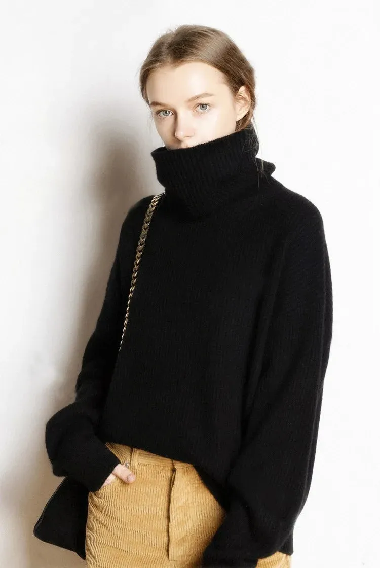 Flytonn-DY Wool Women's Sweater Autumn Winter Warm Turtlenecks Casual Loose Oversized Lady Sweaters Knitted Pullover Top Pull Femme