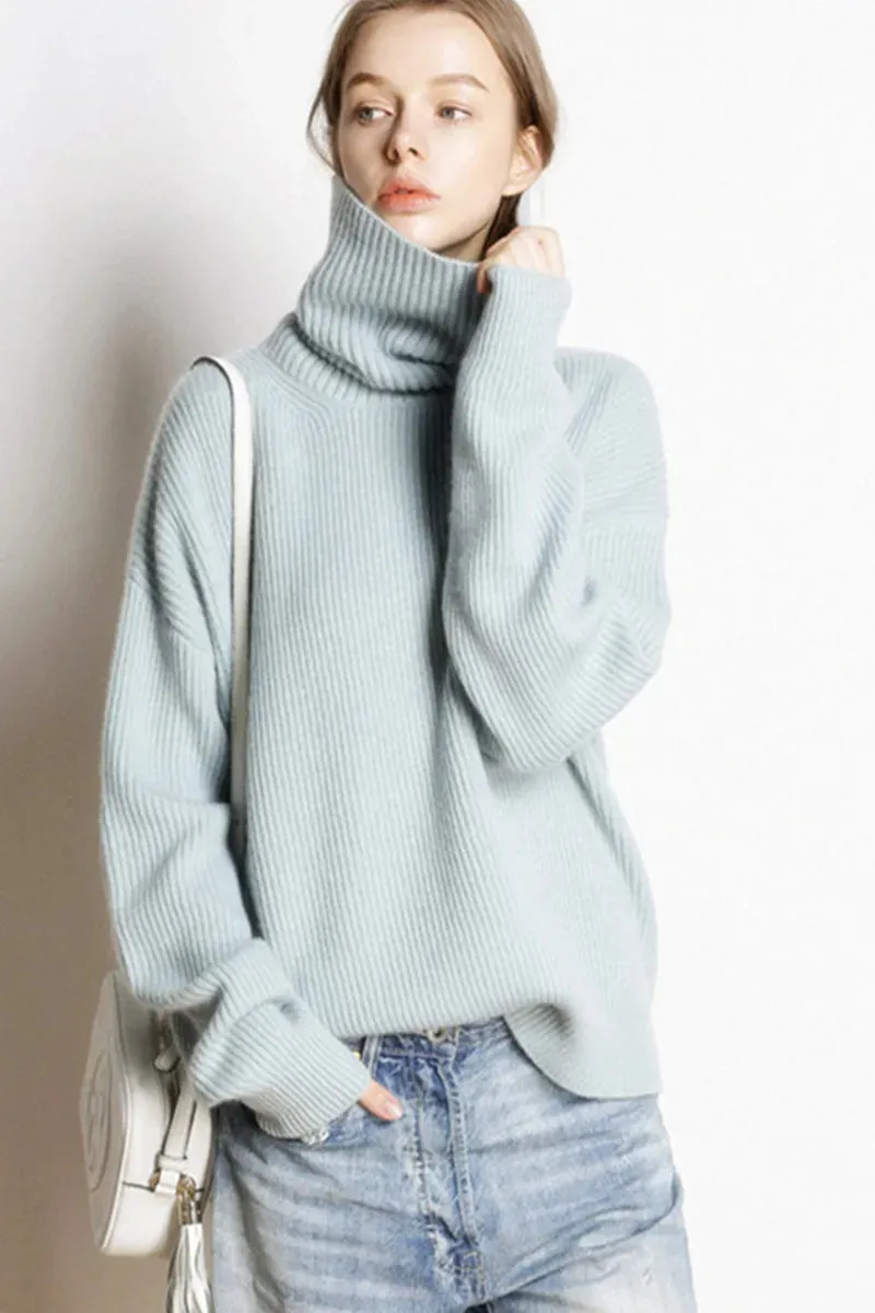 Flytonn-DY Wool Women's Sweater Autumn Winter Warm Turtlenecks Casual Loose Oversized Lady Sweaters Knitted Pullover Top Pull Femme
