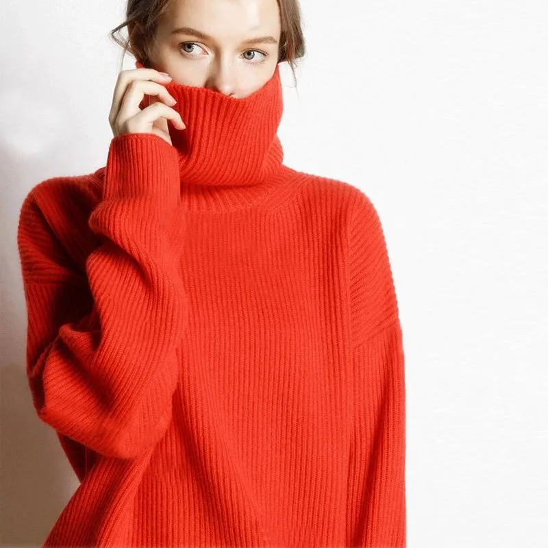 Flytonn-DY Wool Women's Sweater Autumn Winter Warm Turtlenecks Casual Loose Oversized Lady Sweaters Knitted Pullover Top Pull Femme