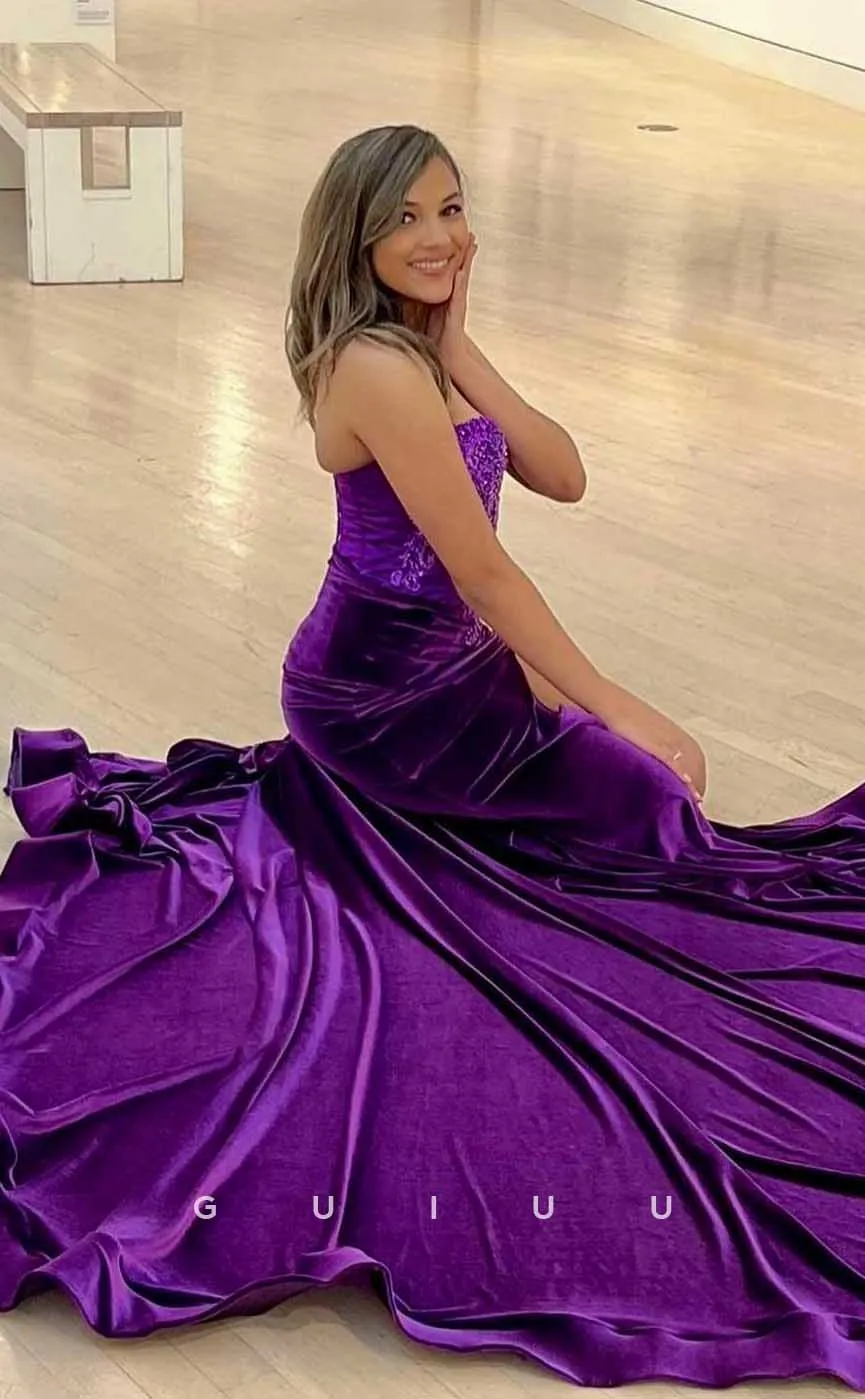 G4572 -  Mermaid Strapless Sleeveless Appliques Purple Velvet Pleats High Side Slit ang Court Train Prom Dress for Black Women Slay