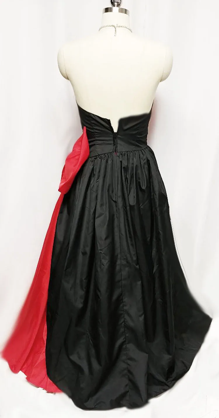 *GLAMOROUS VINTAGE '50s / '60s MOVIE STAR LOOK RED & BLACK PLEATED STRAPLESS EVENING GOWN WITH HUGE BOW